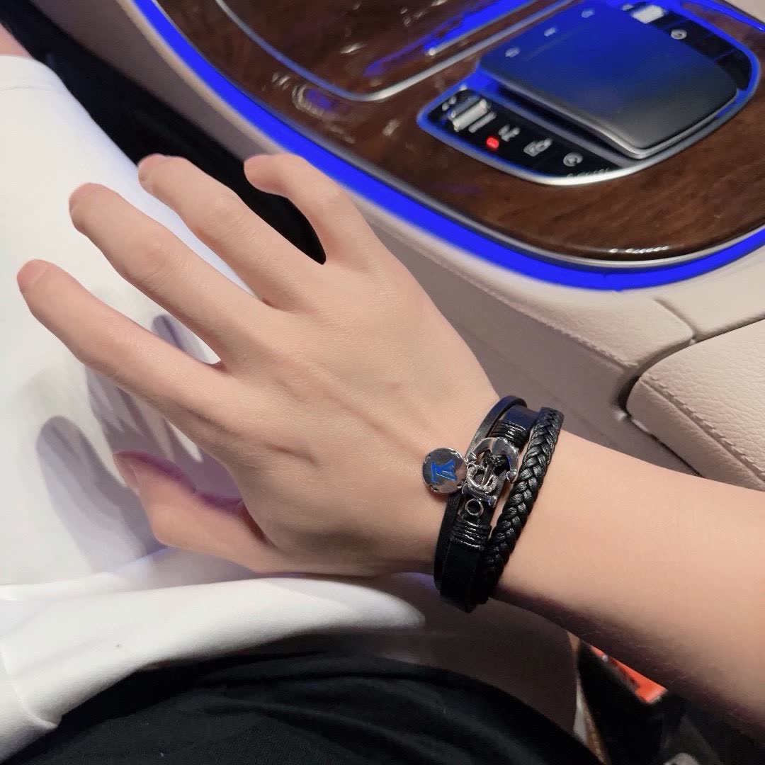 Louis Vuitton Black Leather Bracelet with Anchor Charm